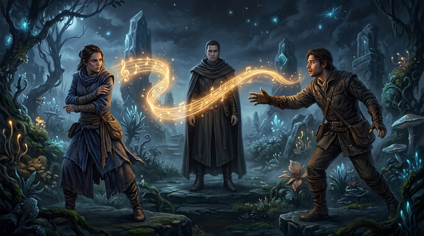Aria recoils in suspicion, Silas reaches out in longing, and Wren stands still between them around the glowing golden fragment of the first song.