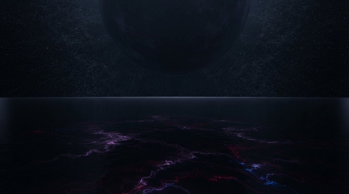 A dark, mirror-still cosmic plane of absolute calm, its placid surface subtly warped by faint dissonant ripples of sickly violet and deep red light seething just beneath — an ominous, contained pressure like a suppressed earthquake before the storm.