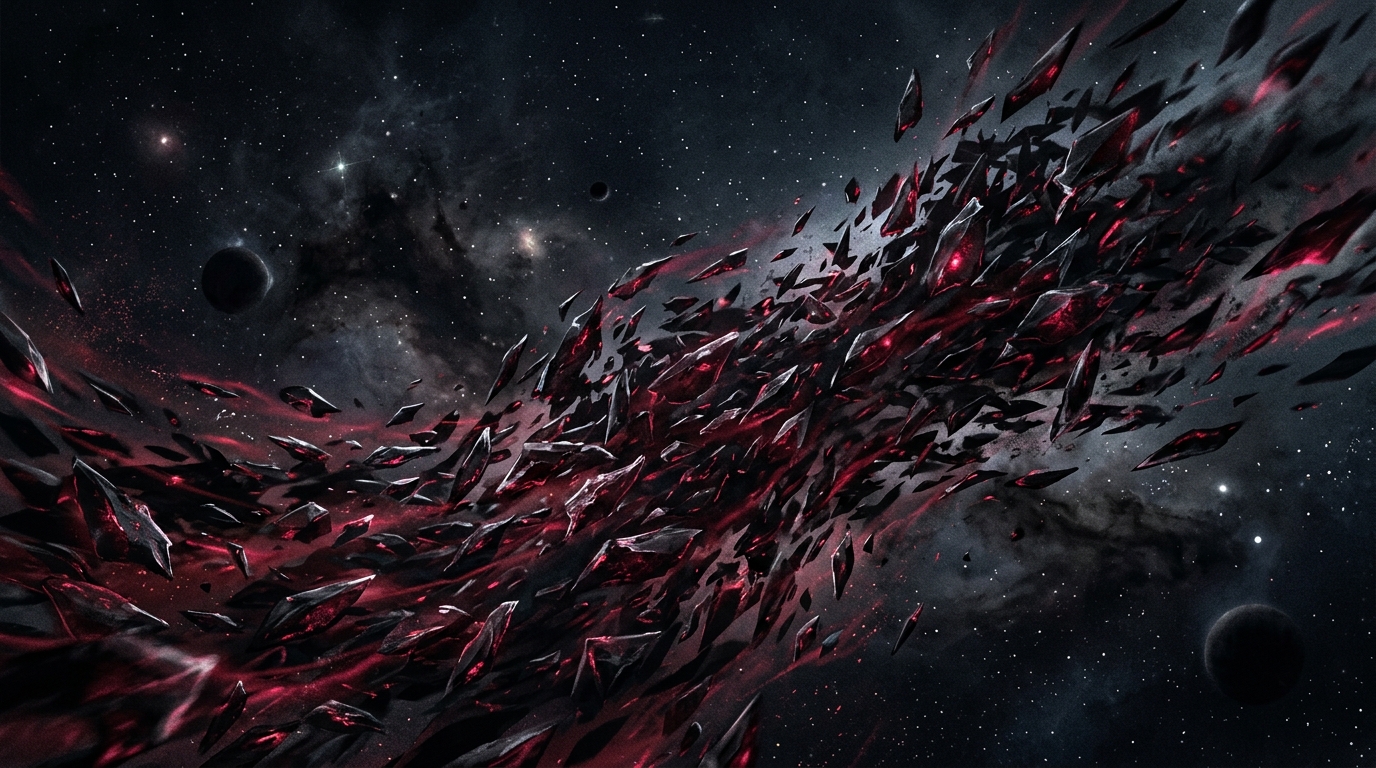 A vast swarm of predatory, obsidian-like shards glowing with malevolent crimson light, sweeping through a dark cosmic void like a murmuration — a menacing, unstoppable force.