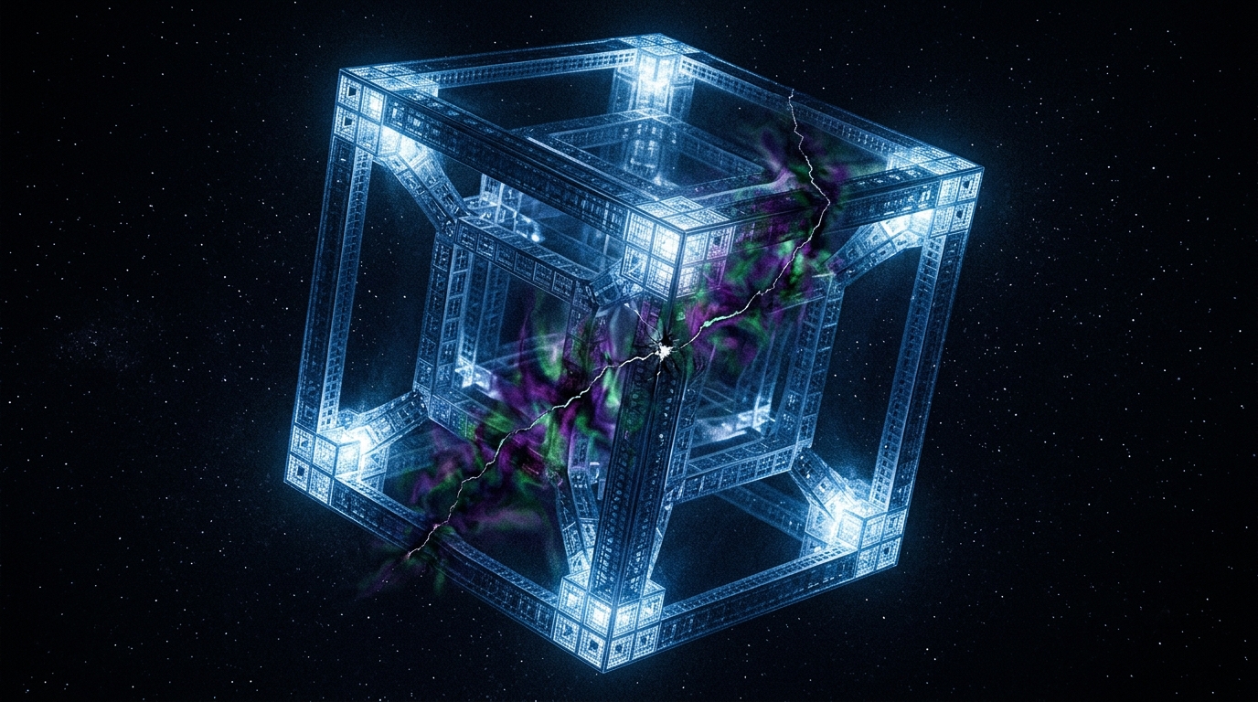 The crystalline Tesseract of reality glows with cool blue light in a silent void, its flawless geometric structure marred by a single jagged hairline fracture from which discordant purple and green light leaks — the first crack before the shattering.
