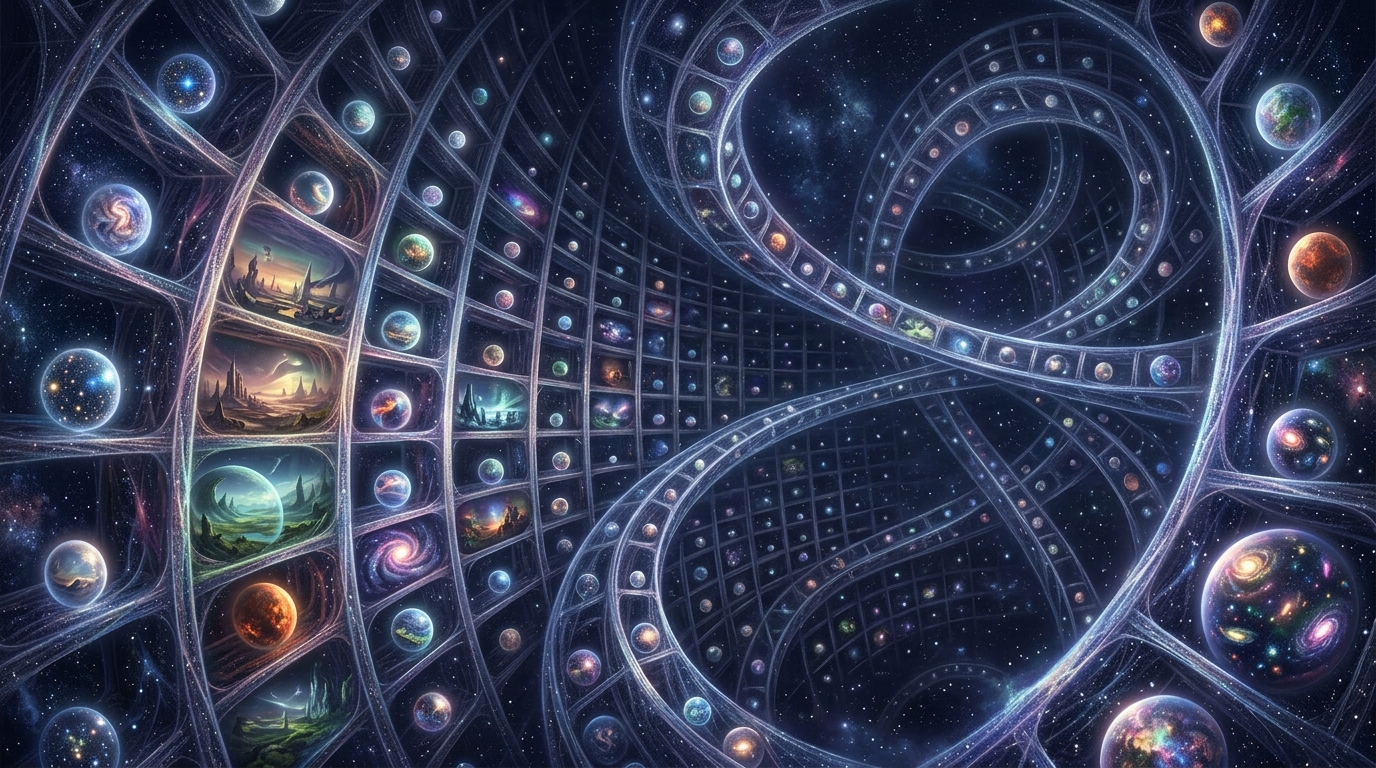 An infinite, non-Euclidean library of parallel worlds: towering shelves woven from the fabric of reality curve and intersect in four-dimensional space, each alcove holding a glowing window into a different universe — starscapes, alien cities, swirling nebulae — lit only by the soft silver light of the worlds themselves.