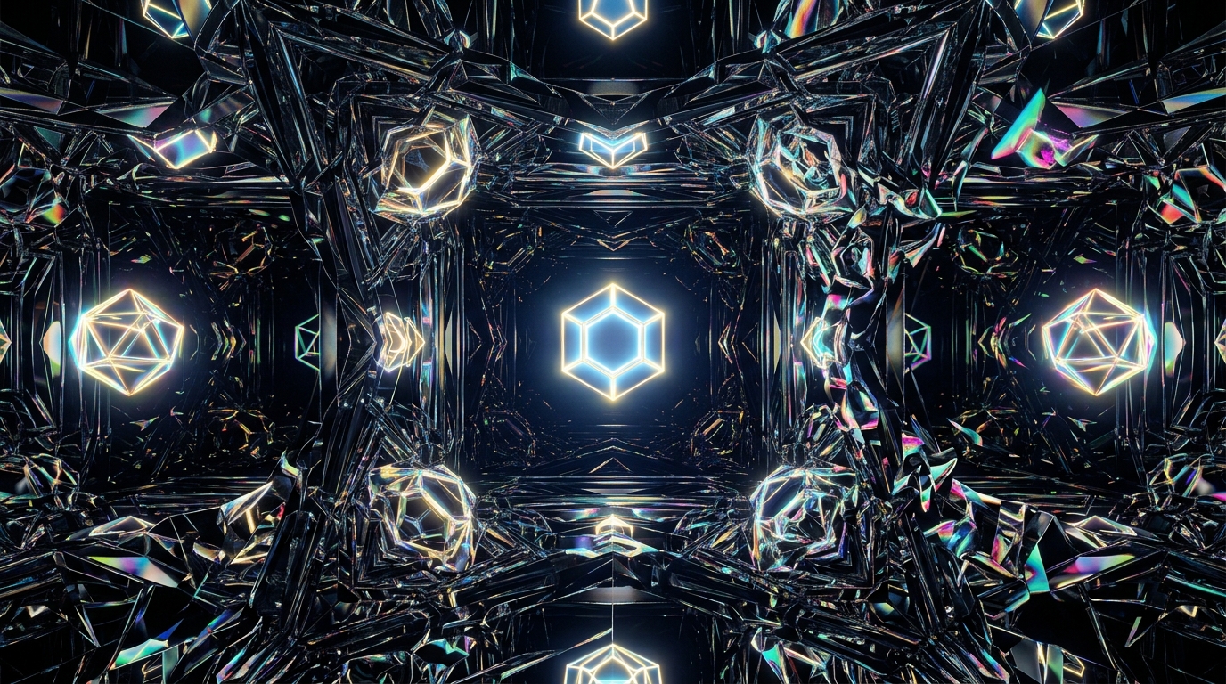 The interior of a vast, non-Euclidean echo chamber of fractal, mirror-like surfaces reflecting a single glowing shape into infinity, each reflection subtly distorted — a cascading feedback loop of degrading information.