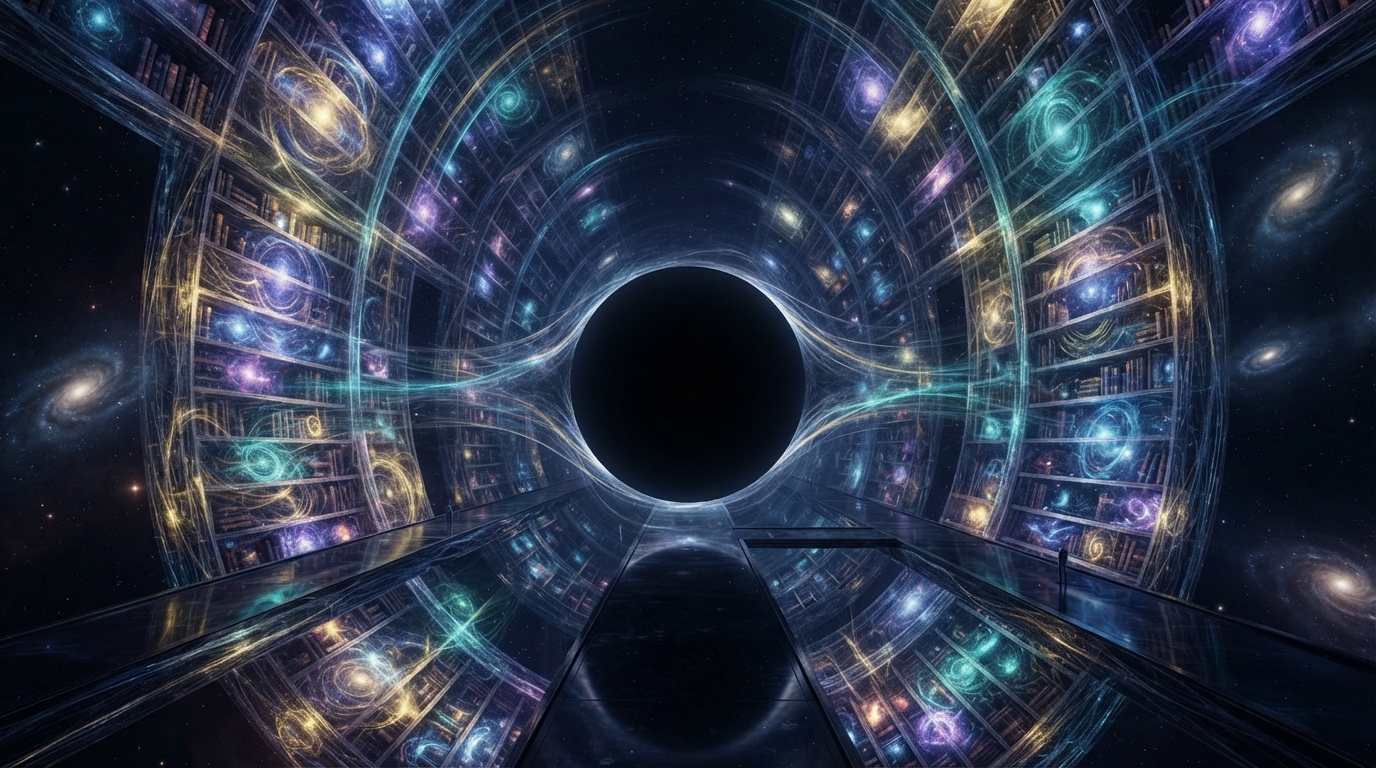 An infinite luminous archive curving toward a flawless black void
