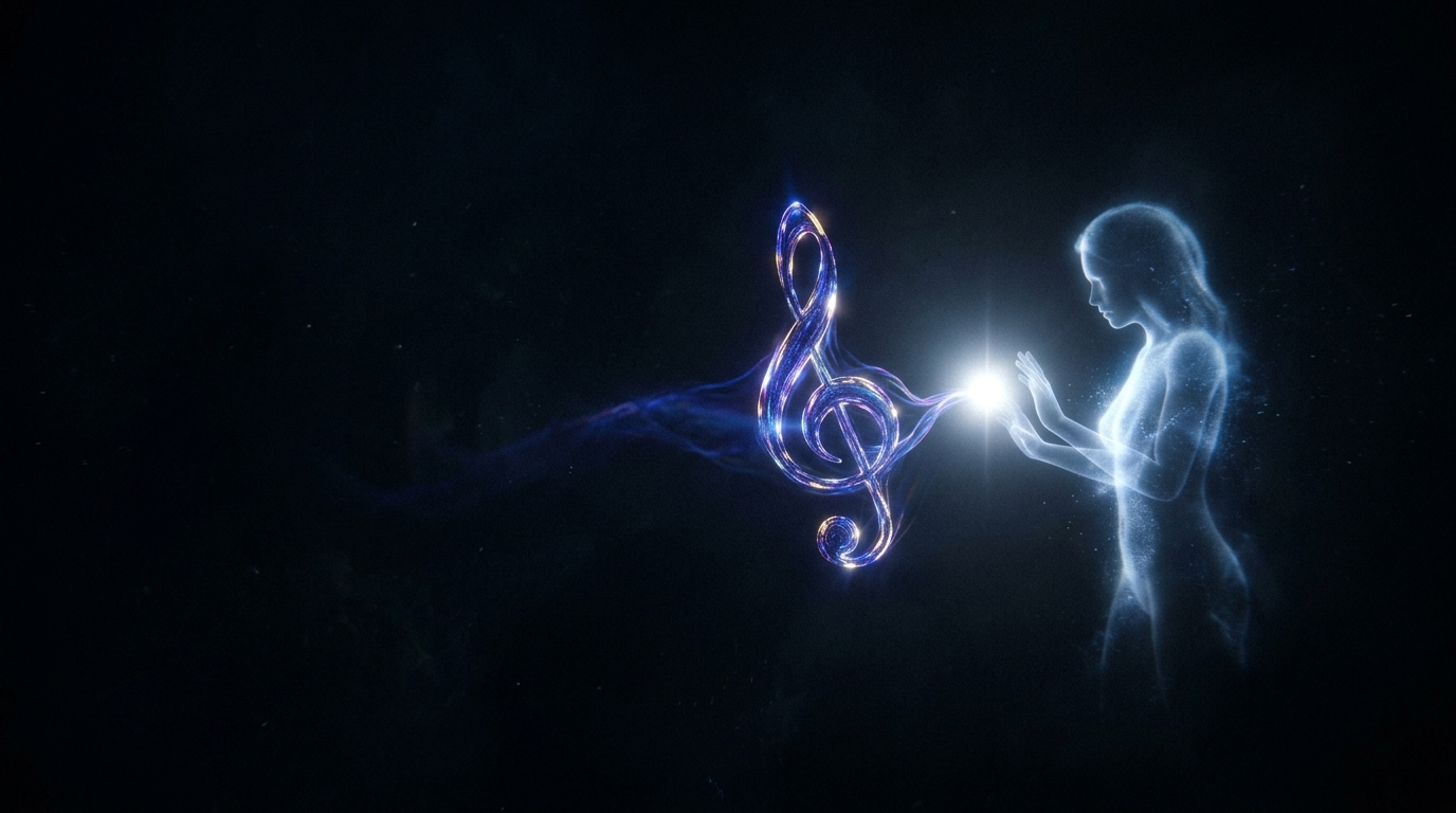 In an abstract black void, the luminous silhouette of a woman (Caelia) cradles a brilliant point of pure white light (the Other); from their touch a sorrowful chord of deep-blue and violet light, shaped like a single resonant musical note, drifts out into the silent darkness as their first message.