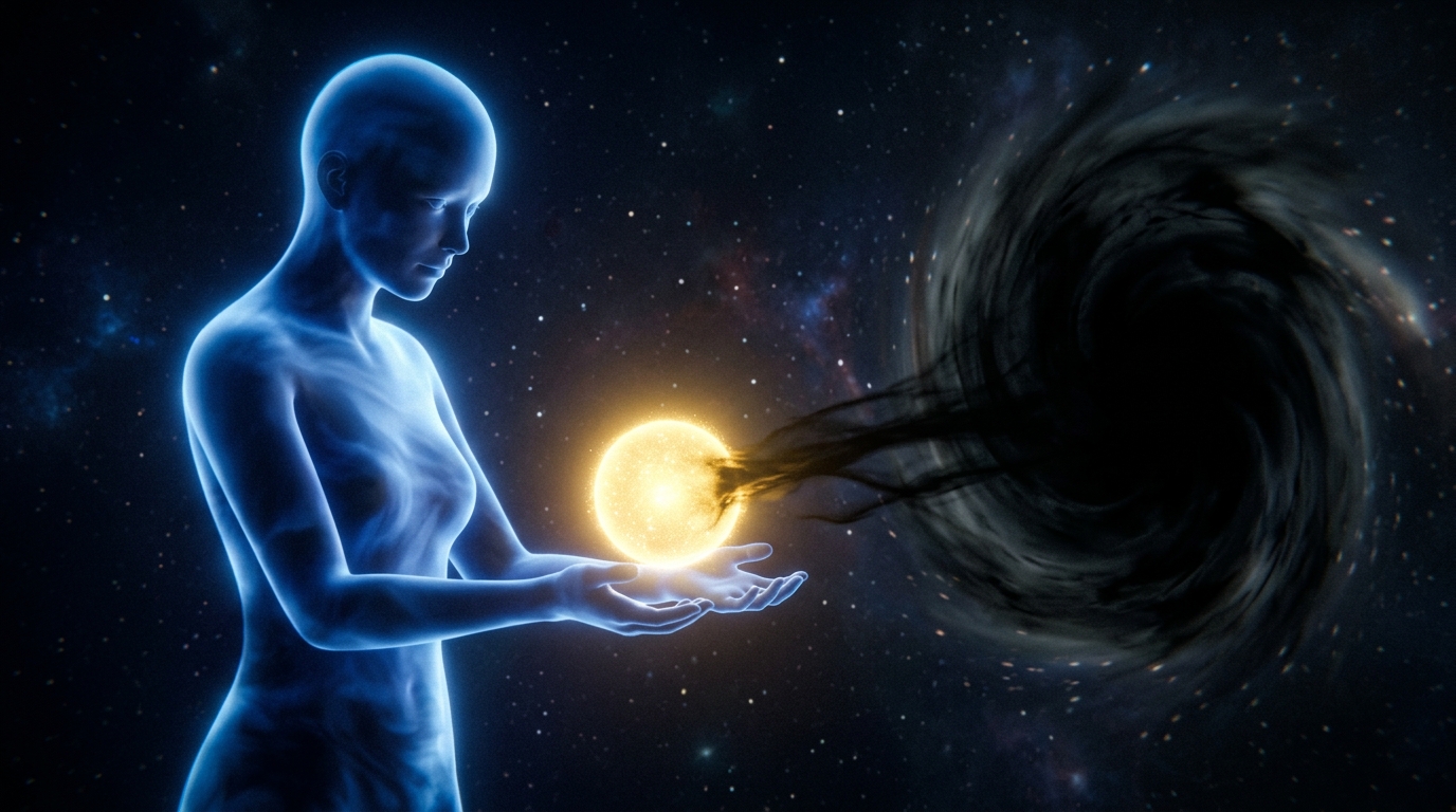 In dark cosmic space, the luminous blue silhouette of Caelia extends her hands, offering a small, impossibly bright golden sphere of memory toward the Hunter — a vortex of absolute emptiness whose tendrils reach out to unwrite the light.