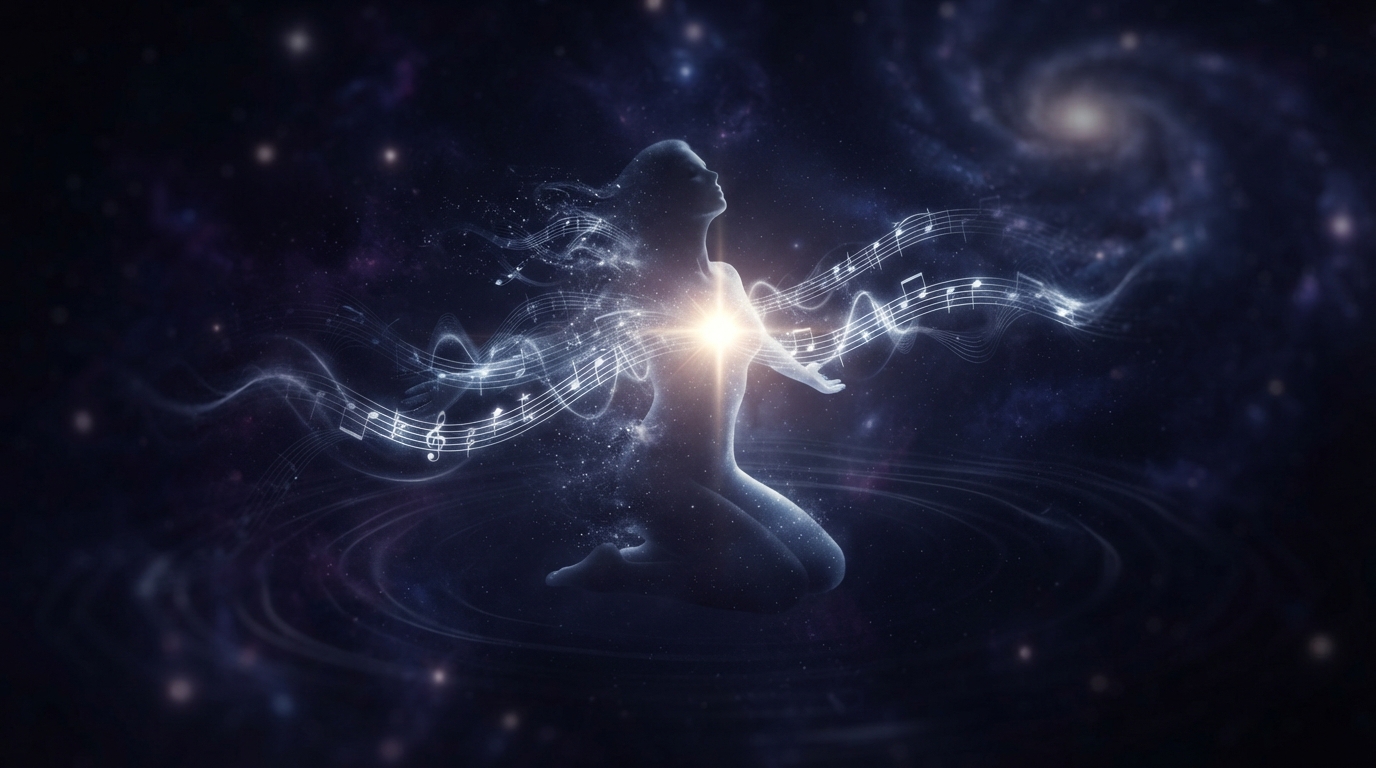 In a dark cosmic void, the luminous silhouette of a woman, Elara, peacefully dissolves, her edges unravelling into glowing musical staves and silver-blue sound waves as her being condenses into a single, impossibly bright point of light — the pure note itself.