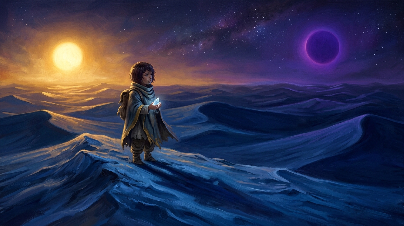 A small, lonely gender-neutral child stands alone in a vast desert of deep blue sand dunes under a dark, silent sky, lit by two suns — one casting warm golden light, the other cool royal-purple light — throwing strange, conflicting, elongated shadows across the blue sand.