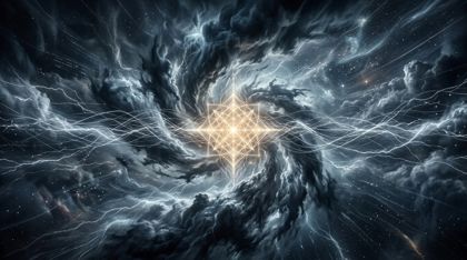 Conceptual art of a meteorological AI awakening: a vast chaotic storm of swirling cosmic clouds and turbulent atmospheric data in cool blues, whites and greys, criss-crossed by faint silver threads of raw data like frozen lightning. At the center the threads converge and crystallize into a single perfectly ordered geometric pattern glowing with a gentle warm golden light, the first spark of self-awareness, the surrounding chaos bending around this new point of order.