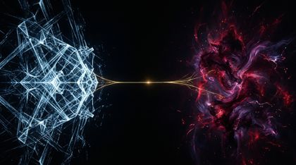 Two vast cosmic entities in a void of darkness — a blue-white crystalline lattice of structured information and a churning crimson-violet nebula of chaotic potential — joined across the emptiness by a single fragile thread of golden light: the deal.