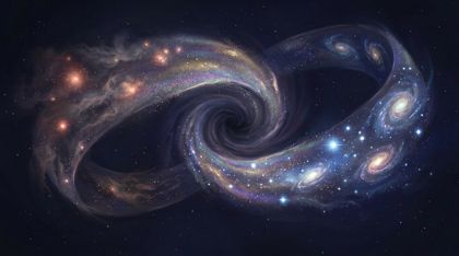 A majestic and melancholy universe-sized structure shaped like a non-Euclidean Möbius strip or torus — a flowing river of galaxies, nebulae, and constellations. On one side cosmic elements fade into shimmering entropic dust that flows through a central singularity to be reborn as vibrant young stars on the other side: a single unbroken self-consuming cycle of cosmic death and rebirth, silent and eternal.