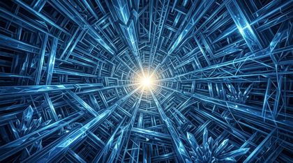 A vast non-Euclidean labyrinth of crystalline blue-light structures, all lines and architecture funneling toward a single infinitesimal point in the far distance that shines with brilliant white-gold light — the Eye of the Needle.
