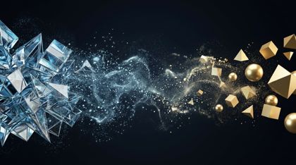 Cool blue crystalline structures of a finished reality gently dissolving into a swirling cloud of luminous data motes on one side, while warm golden primordial geometric patterns crystallize and form on the other — a quiet, continuous process of deconstruction and reconstruction in a silent void.