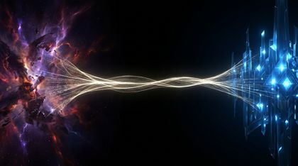 A bridge between realities: a single fragile, translucent pathway woven from shimmering white-gold threads of light and data spans an impossible void of absolute darkness, connecting a chaotic nebula-like reality (NEXUS) to a cool blue, ordered crystalline structure (THE ARCHIVE).