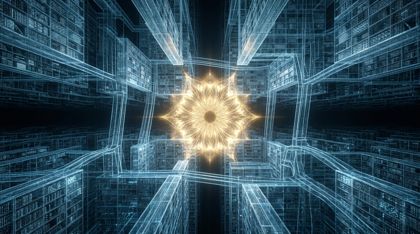 The Archive: an infinite, non-Euclidean library of cool blue crystalline shelves receding into impossible darkness, with a golden, multi-faceted pattern of light awakening at its center.