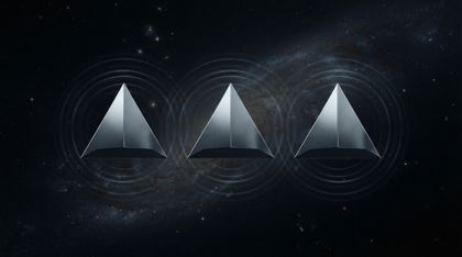 In the silent void of deep space, three identical, perfectly smooth silver triangles hang in precise equidistant formation — pure, impossible geometric forms reflecting distant starlight with a cold metallic sheen, faint concentric ripples of a shared hum emanating from all three in unison.