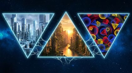 A cosmic triptych: three distinct realities seen through three glowing triangular windows — a sterile chrome-and-glass city of cold logic, a warm sandstone city of a nostalgic stagnant past, and a purely abstract space of shifting geometric forms — three potential paths branching from a single origin.