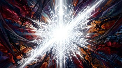A blinding, incandescent beam of pure white light at the center of the canvas, radiating outward with immense force and shattering darker, colored veil-like structures at the edges, revealing the raw geometric framework of reality within — a moment of shocking, painful clarity.