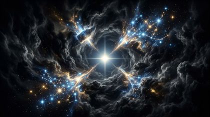 A single steady point of light at the center of a violent storm-cloud nebula, explosive arcs of energy hammering new constellations from cosmic chaos