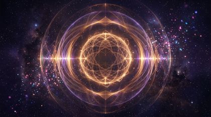 A dying star rendered as a visible acoustic event: a spherical lattice of fading light at the core, from which concentric translucent shells of harmonic patterns expand outward, breaking into drifting motes of colored light. Deep ambers, fading golds, and cool violet against the void.