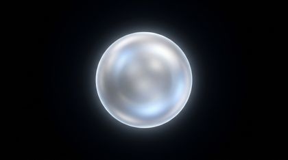 A single monolithic sphere of liquid shimmering silver radiating soft internal pearlescent light, floating in an infinite black void.