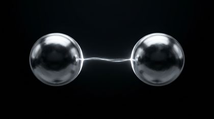 Two identical, perfectly mirrored spheres of liquid, shimmering silver in an absolute black void, linked at their cores by a single delicate filament of pure white light.