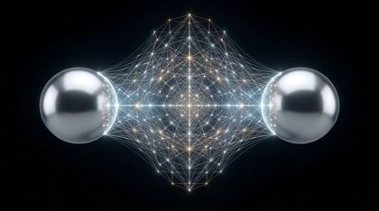 Two identical silver spheres in a black void connected by a luminous, structured grid of glowing geometric lines and nodes.