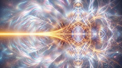 A golden beam cutting through pearlescent ambient light, which answers with symmetrical patterns of interference and luminous crystalline structures.