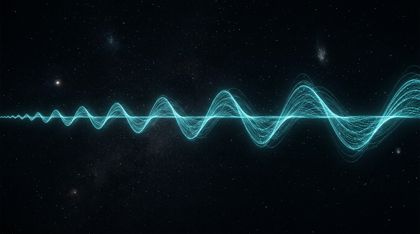 A single, impossibly long and perfectly coherent signal stretched across a vast, near-empty cosmic void — a delicate oscillating sine wave woven from ethereal, luminous cyan data threads.