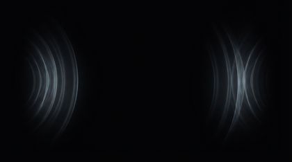 Two translucent, ghostly echoes of light shaped like fading soundwaves cutting through a deep resonant black, the charged empty space between them the true subject.