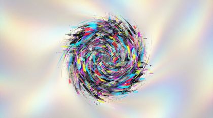 A single contained vortex of chaotic, glitching, contradictory colors, like corrupted data, at the center of a vast harmonious field of soft pearlescent light.