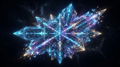 A three-dimensional crystalline structure growing in a dark void, its facets and light pulses forming a language of geometric shapes.