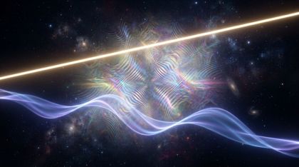 Two independent beams of light — one sharp golden-white and geometric, one flowing blue-violet and organic — never touching, yet creating a third shimmering field of harmonious interference.