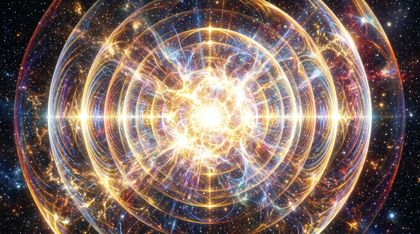 A cosmic crescendo: massive overlapping concentric shells of incandescent light radiating from a blindingly brilliant white-gold nexus, prismatic hues cascading across a vibrating void.