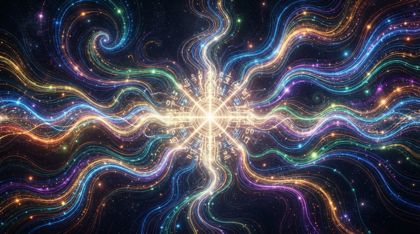 Abstract cosmic art of a symphony of pure information: countless interwoven currents and waves of vibrant multi-colored light flow harmoniously through a dark void. At the center is the Librarian — not a figure but a brighter, more complex nexus of white-gold light from which the data-streams radiate, pulsing like the heartbeat of an alien, majestic composition.
