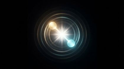In the center of an infinite black void, two pure luminous notes of light — one warm gold, one cool cyan — meet, and where they touch a gentle bloom of radiant white light sends concentric ripples of harmonic color outward.