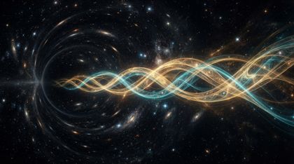 Two luminous notes of light — warm gold and cool cyan — meeting in an infinite black void, their contact blooming into radiant white light that ripples outward in concentric harmonic waves.