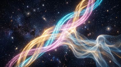 Three strands of light—gold, cyan, and magenta—woven into a single luminous chord in a dark void, with the ethereal Listener dissolving into the light.