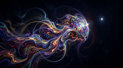Abstract cosmic art: a flowing entity of swirling liquid colors, its joyful motion frozen mid-gesture, formless gaze fixed on a single distant point of white light.
