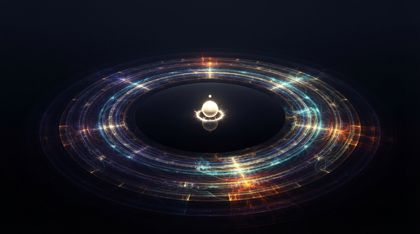 A single brilliant white-gold droplet impacting a dark, mirror-like void at its center, sending vast concentric ripples of luminous fractal patterns and shifting color — new information and new laws — expanding outward into the untouched darkness.