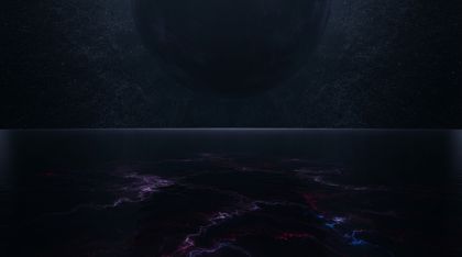 A dark, mirror-still cosmic plane of absolute calm, its placid surface subtly warped by faint dissonant ripples of sickly violet and deep red light seething just beneath — an ominous, contained pressure like a suppressed earthquake before the storm.