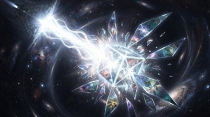 A focused wave of incandescent white energy shatters a crystalline four-dimensional Tesseract into sharp shards of warped space-time; through the fractures, glimpses of alien starscapes and impossible realities.