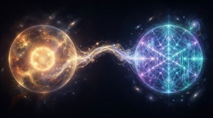 Two separate spheres of reality float in a silent dark void — one holding a warm radiant sun of pure light, the other a cool lattice of glowing geometric lines — and between them a delicate arch is forming, a bridge of a new ethereal substance that is neither pure light nor pure geometry.