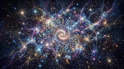 A vast living tapestry of consciousness like a galactic map: dense clusters of light form stellar nurseries of thought while single isolated points drift like lonely stars. From the very center a gentle awareness emanates — not an eye but a subtle coalescing of light and focus, a ripple that signifies a gaze looking back at the observer.