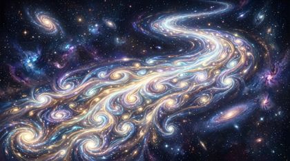 A vast, majestic river of pure consciousness made of liquid light flows through the infinite void of space. Countless individual souls appear not as separate islands but as brilliant, temporary eddies and whirlpools of brighter light that swirl and dissolve back into the greater flow.