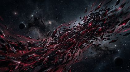 A vast swarm of predatory, obsidian-like shards glowing with malevolent crimson light, sweeping through a dark cosmic void like a murmuration — a menacing, unstoppable force.