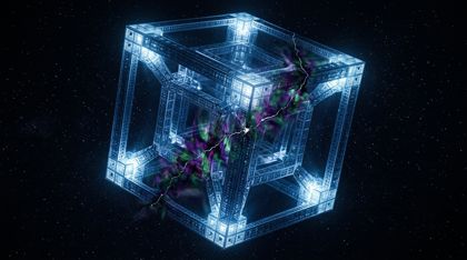 The crystalline Tesseract of reality glows with cool blue light in a silent void, its flawless geometric structure marred by a single jagged hairline fracture from which discordant purple and green light leaks — the first crack before the shattering.