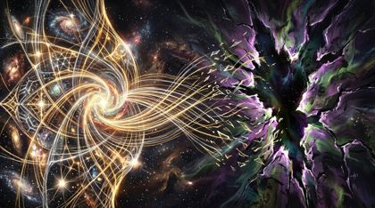 A cosmic duality in high contrast. On the left, the Weaver's act of creation: countless threads of brilliant warm gold and silver light woven into a stable, intricate tapestry of reality. On the right, the Great Tear — a jagged violent rip in space-time, an abyss of shimmering anti-reality leaking discordant purple and green light, where the Weaver's threads fray and dissolve.