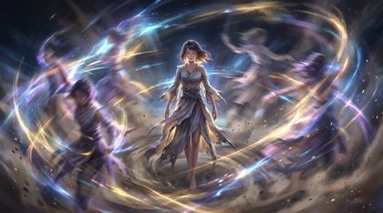 In the absolute center, a young female storm-dancer stands in perfect, serene stillness, eyes closed and relaxed, while a violent circular vortex of blurred motion, light trails, and ghost-like afterimages of other dancers rages all around her.