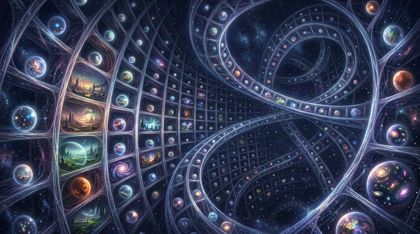 An infinite, non-Euclidean library of parallel worlds: towering shelves woven from the fabric of reality curve and intersect in four-dimensional space, each alcove holding a glowing window into a different universe — starscapes, alien cities, swirling nebulae — lit only by the soft silver light of the worlds themselves.