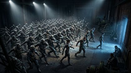 A massive, synchronized wall of storm-hunter dancers moving as one fills the frame, but it is visibly disintegrating: one by one, several dancers break from the rigid formation, their movements becoming individual as they turn away toward a quiet, dimly lit area at the edge.